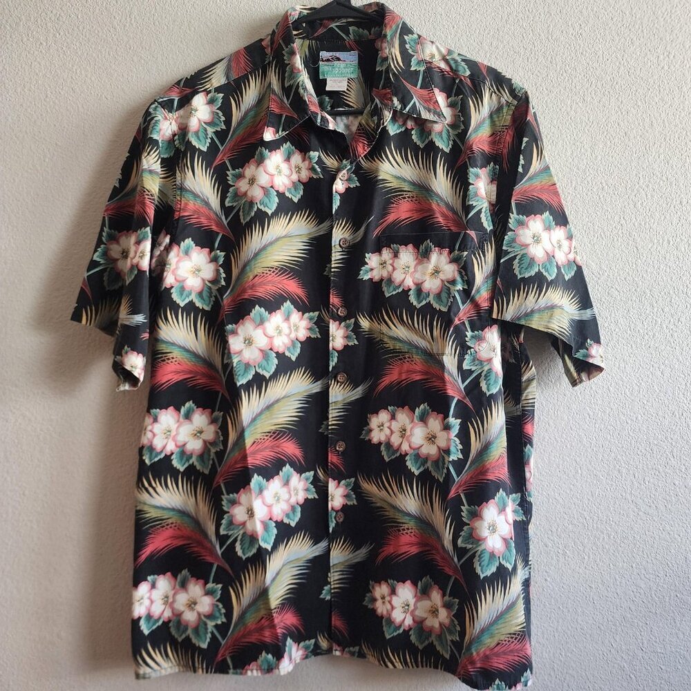 Reyn Spooner Shirt Mens Large Black Floral Hawaiian Aloha Rayon Linen Button Up